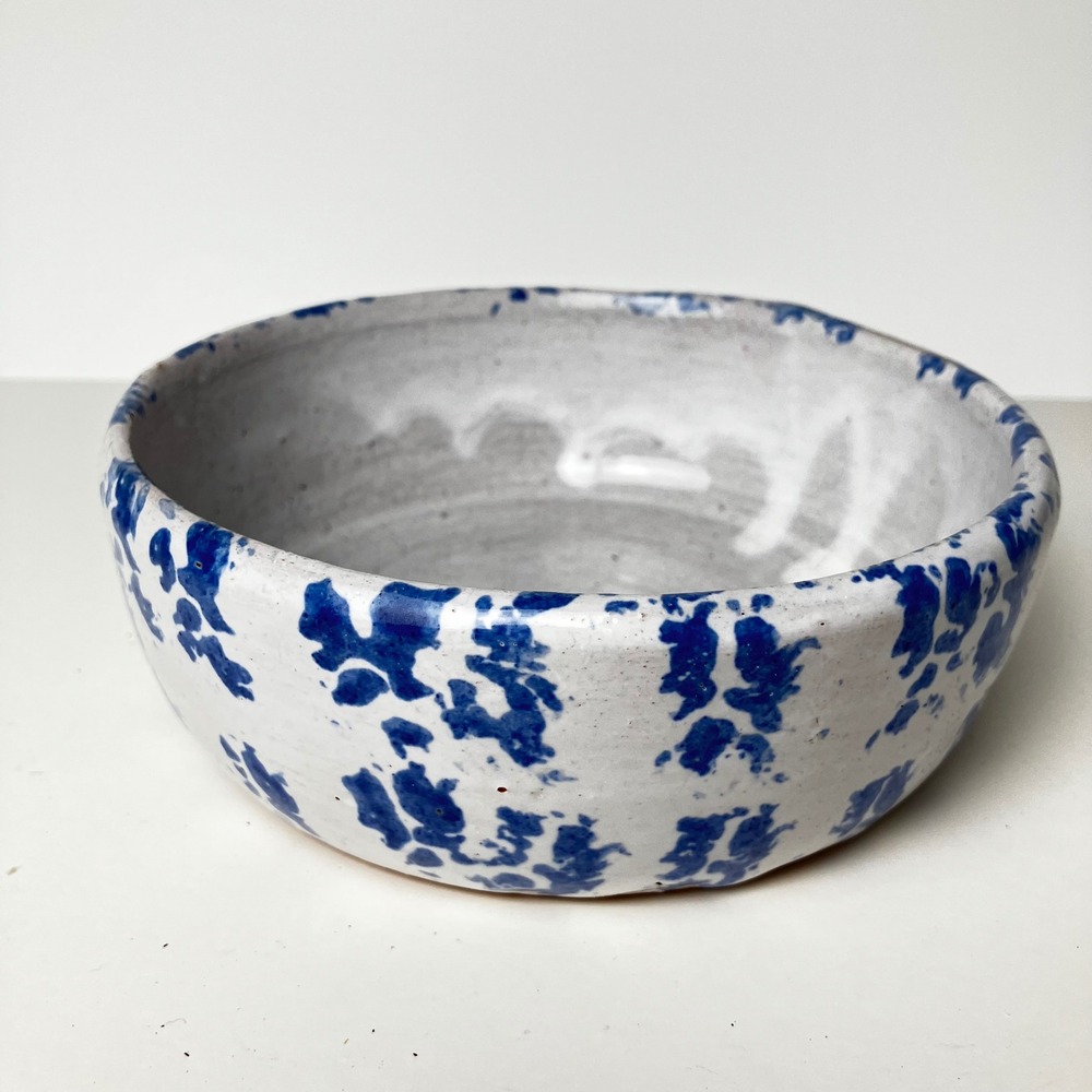 Bybee Pottery Serving Bowl 6.5in White Blue Sponge Glaze Vintage Stoneware